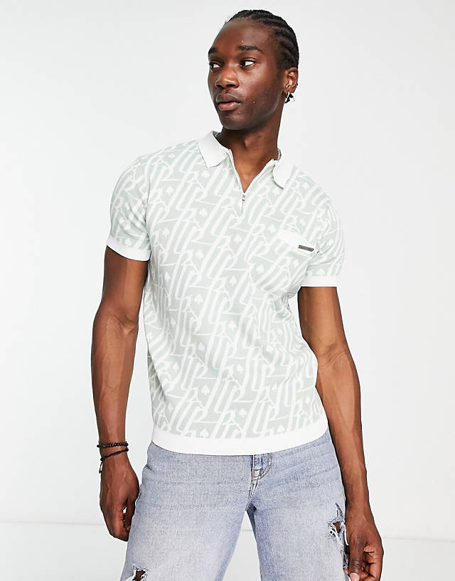 Liquor N Poker - co-ord jersey polo in sage green with jacquard print