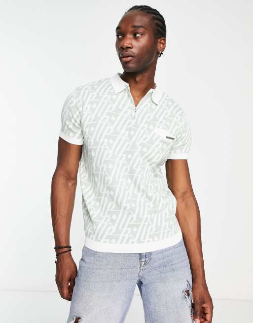 Liquor N Poker co ord jersey polo in sage green with jacquard