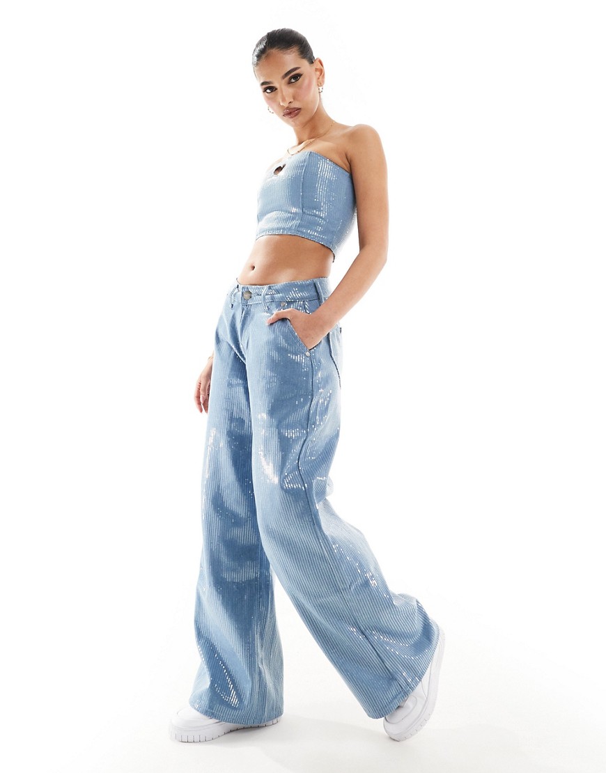 Liquor N Poker co-ord mid rise baggy jean with sequins in blue