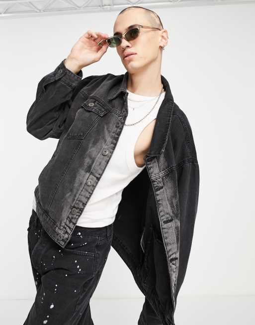 Liquor N Poker co-ord oversized denim jacket in black and grey fade wash