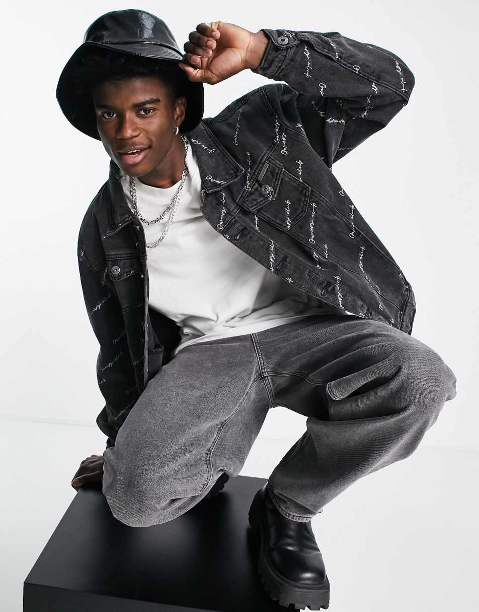 Liquor N Poker co-ord oversized denim jacket in black with motorsport all over print