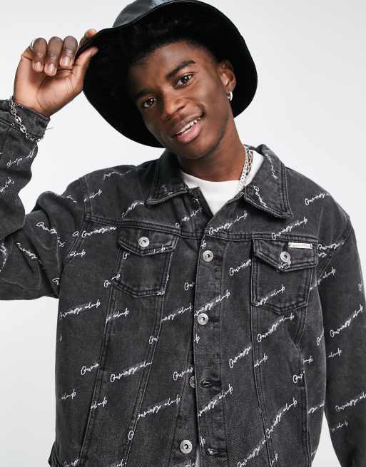 Liquor N Poker co ord oversized denim jacket in black with motorsport all over print
