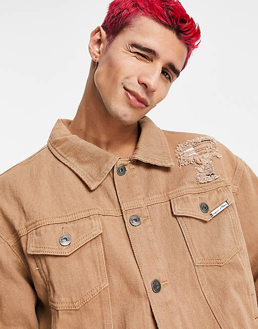 Liquor N Poker co-ord oversized trucker jacket in brown denim with distressing