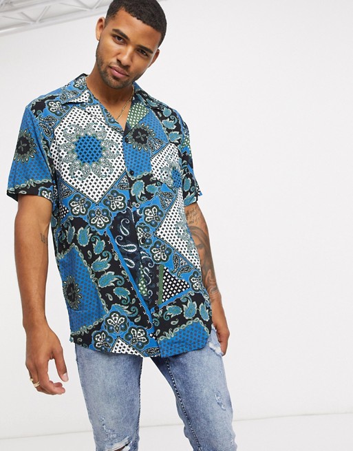Liquor N Poker co-ord revere shirt in blue bandana print