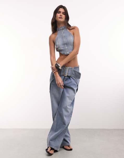 Liquor N Poker - Co-ord set van denim crop top en baggy jeans met riem met gespdetail in blauw met wassing - view 1