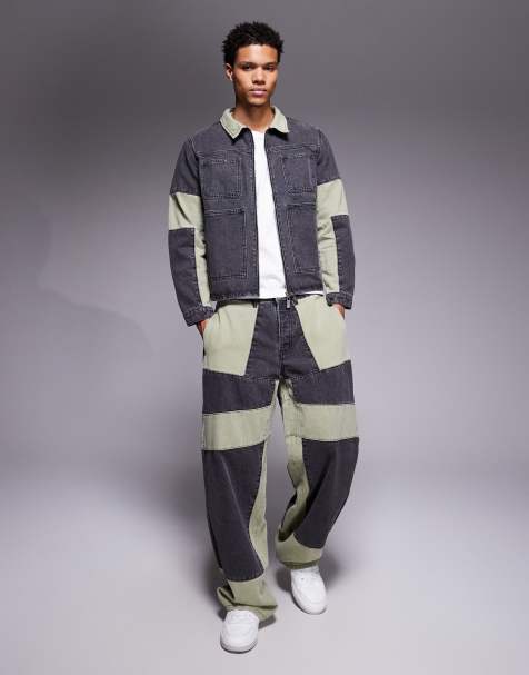 Liquor N Poker - Co-ord set van ruimvallend denim bikerjack met rits en panden en jeans in multi - view 1