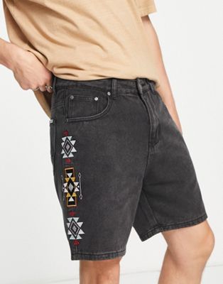 Liquor N Poker co-ord shorts in black denim with aztec embroidery