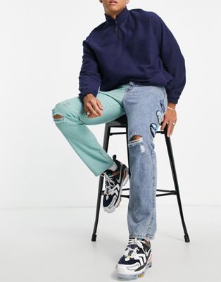 Liquor N Poker co-ord straight leg jeans in blue and green with leg patches and embroidery - ASOS Price Checker