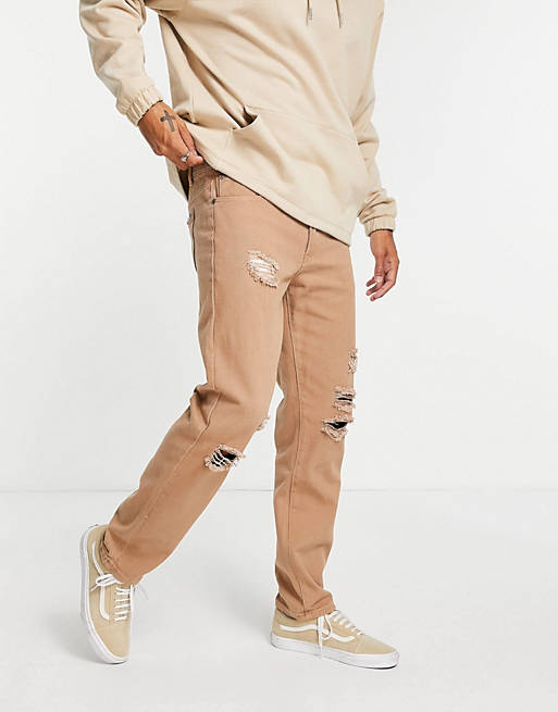 Liquor N Poker co-ord straight leg jeans in brown denim with distressing