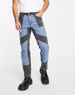 Liquor N Poker co-ord straight leg jeans in midwash blue with black panelling