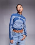 [Liquor N Poker] Liquor N Poker contrast panel zip through biker jacket in light blue multi 6 MULTI