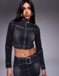 [Liquor N Poker] Liquor N Poker contrast stitch biker jacket with buckle detail in washed black 16 BLACK