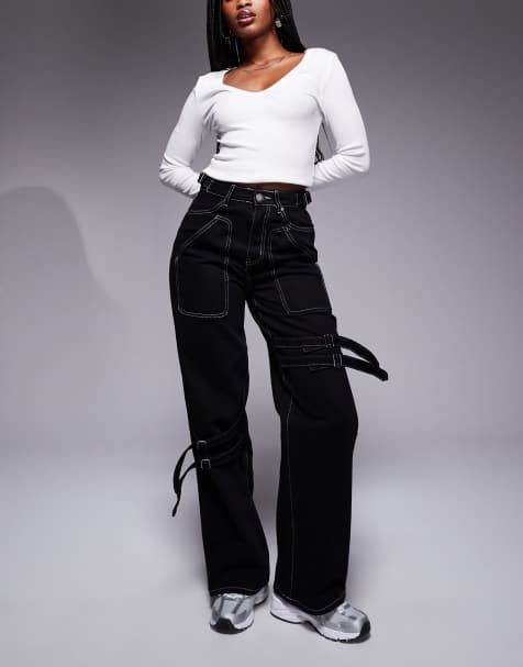 Liquor N Poker contrast stitch buckle detail jean in black - view 1
