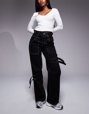 Liquor N Poker Contrast Stitch Buckle Detail Jeans In Black