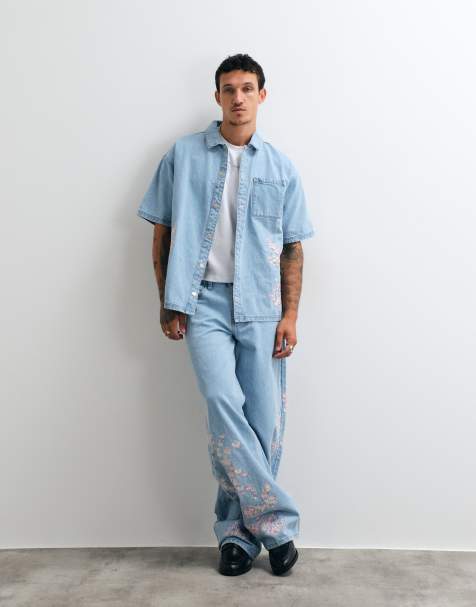 Liquor N Poker - Coordinato blu lavaggio chiaro con jeans e camicia comoda con ricamo di fiori giapponesi - view 1