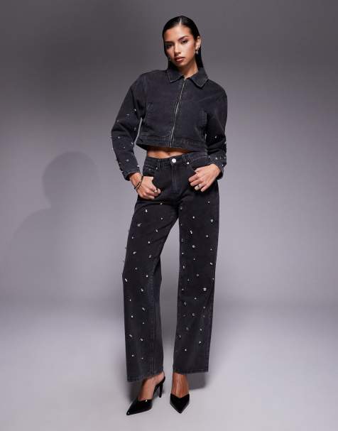Liquor N Poker - Coordinato con jeans e giacca di jeans squadrata nera decorata - view 1