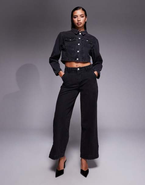 Liquor N Poker - Coordinato con jeans e giacca di jeans squadrata nero slavato con cuciture con strass - view 1