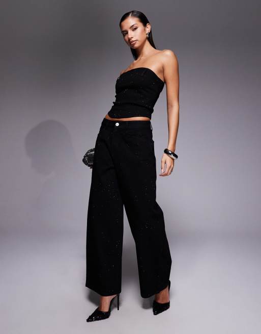 Liquor N Poker - Coordinato con jeans e top stile corsetto in denim nero con decorazioni