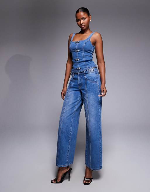 Liquor N Poker - Coordinato in denim blu autentico con fibbie composto da corsetto e jeans