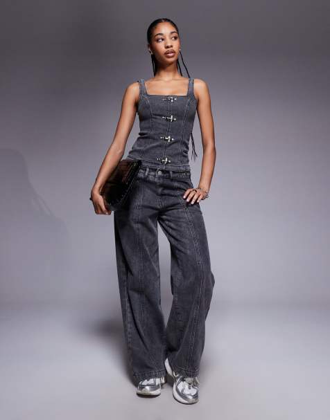 Liquor N Poker - Coordinato in denim nero slavato con fibbie composto da corsetto e jeans - view 1