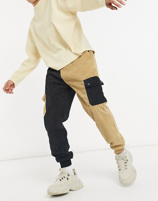 Liquor N Poker corduroy joggers in patchwork stone and black