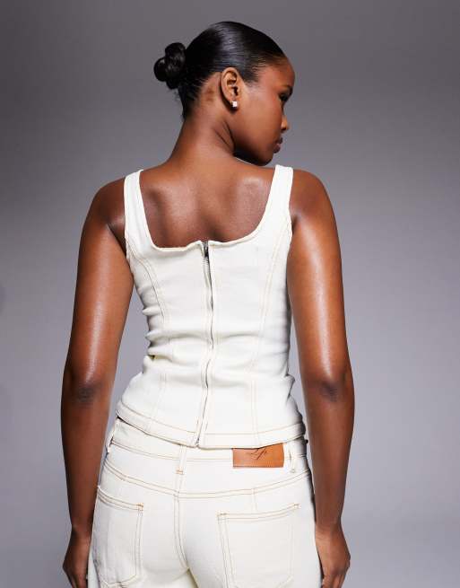 Liquor N Poker - Corset d'ensemble en denim à boucles - Écru, 2 de 4