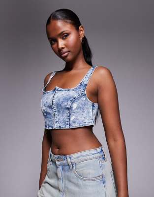 Corset en jean délavé design structuré à agrafes-Bleu M