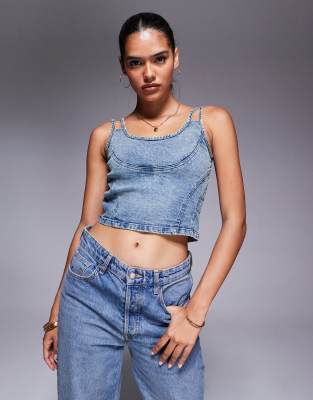 Crop top en jean à surpiqûres - Bleu vintage délavé M