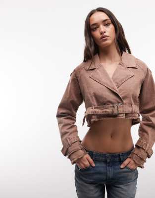 Liquor N Poker Denim Crop Biker Jacket With Belt Buckle Detail In Neutral