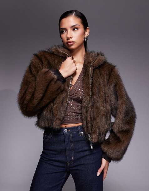 Liquor N Poker cropped faux fur bomber jacket in brown