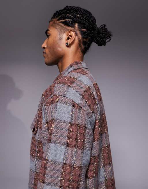 Liquor N Poker cropped flannel long sleeve shirt with zip up in tonal brown plaid