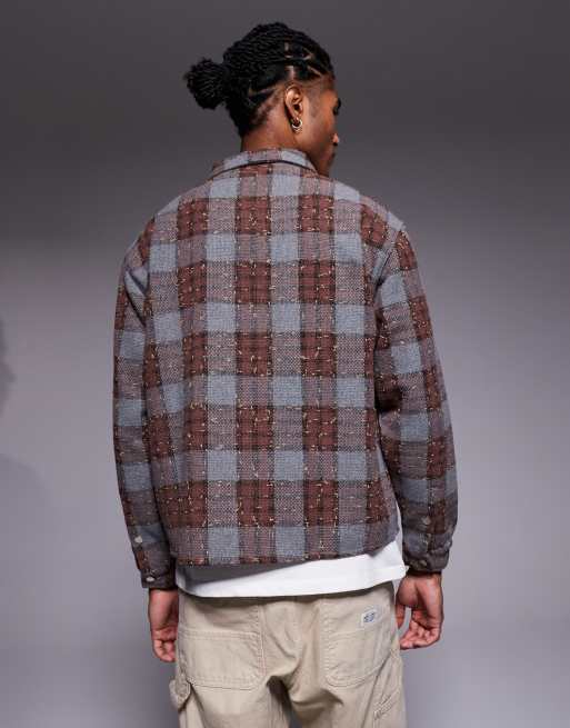 Liquor N Poker cropped flannel long sleeve shirt with zip up in tonal brown plaid