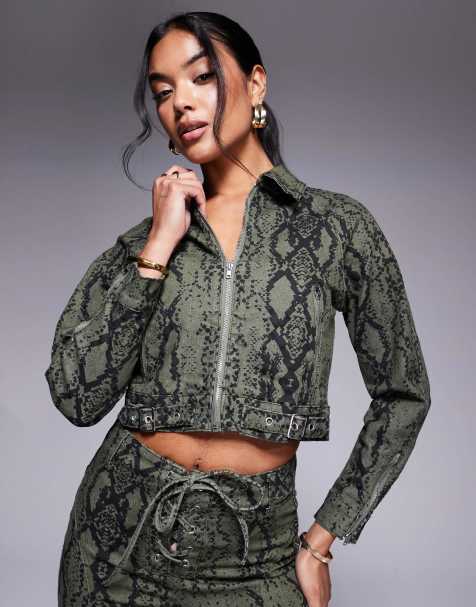 Liquor N Poker cropped jacket in co-ord khaki snake print
