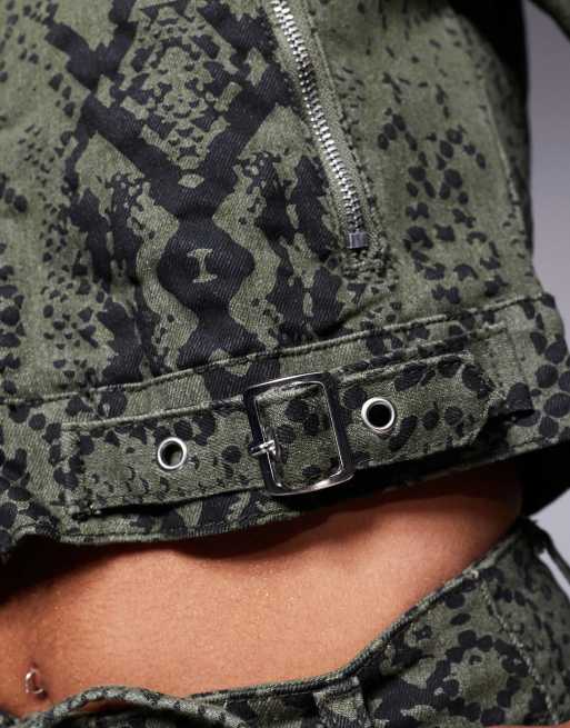 Liquor N Poker cropped jacket in co-ord khaki snake print, 3 of 4