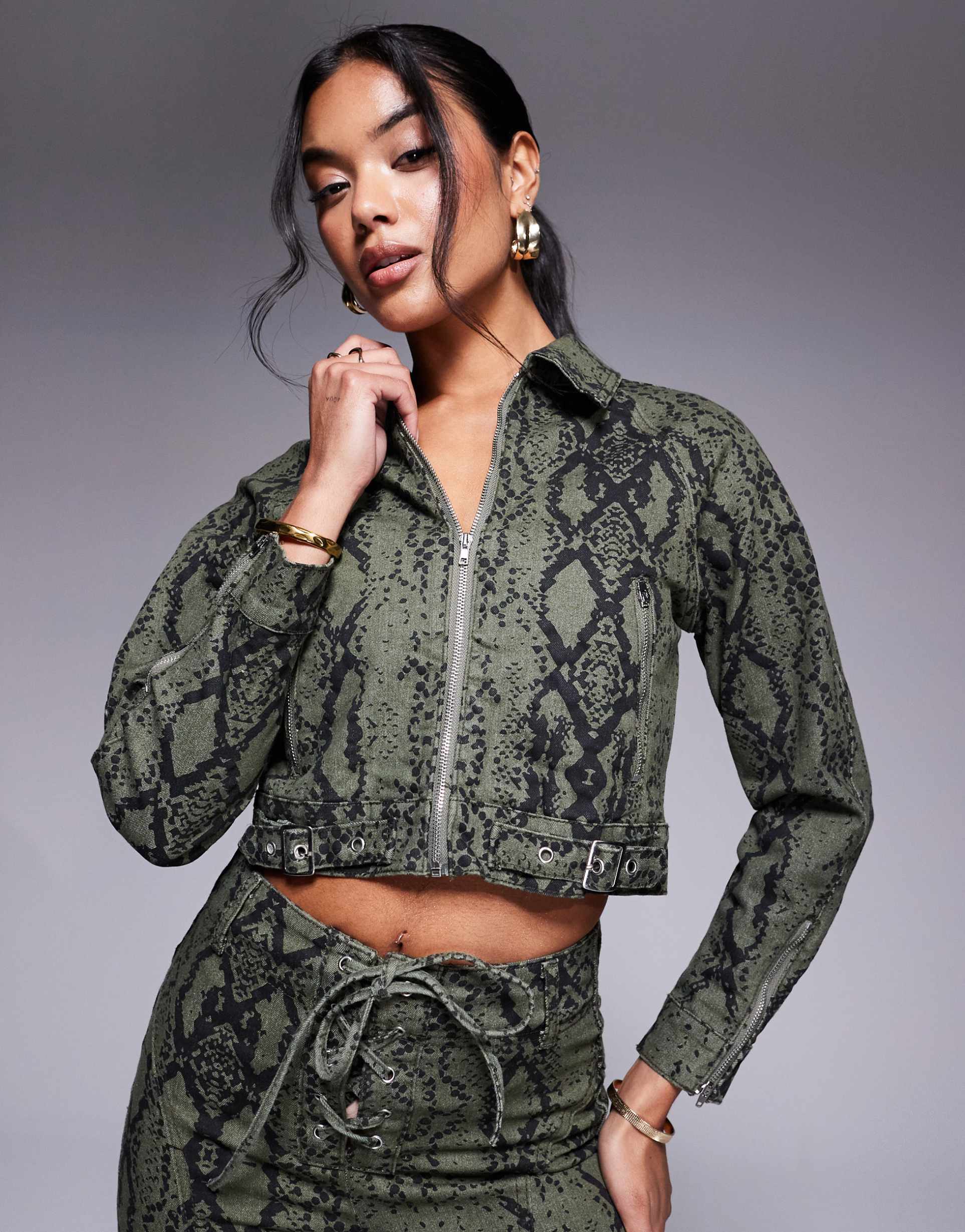 liquor n poker cropped jacket in khaki snake print - part of a set