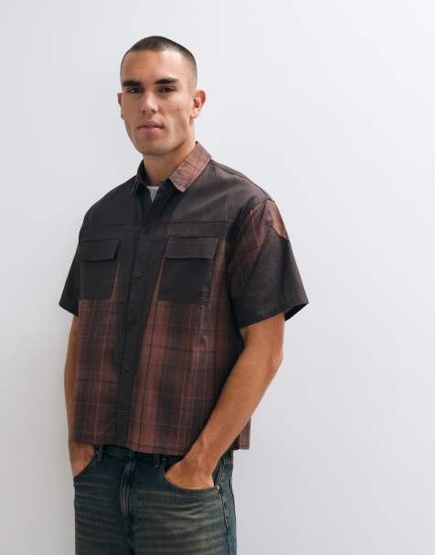 Liquor N Poker cut n sew patchwork short sleeve shirt in brown - view 1