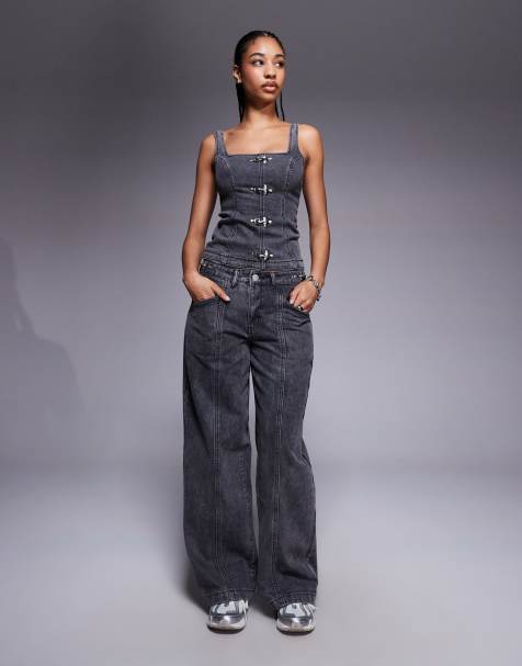 Liquor N Poker baggy fit jeans co-ord with buckle detail in washed black