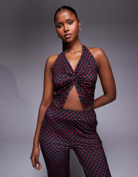 Liquor N Poker dazed halter neck top co-ord in red polka dot - view 1