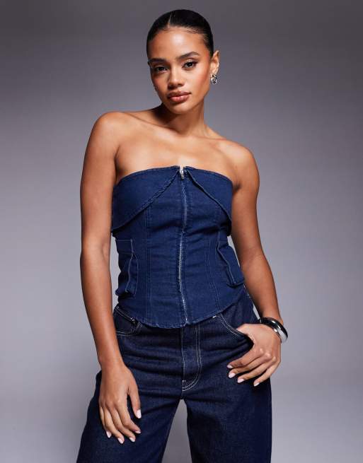 Liquor N Poker - Denim bandeau crop utility-top met rits en donkere wassing in blauw