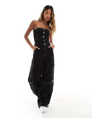 Liquor N Poker Denim Bandeau Jumpsuit-black