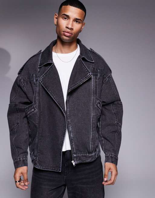 Liquor N Poker denim biker jacket in black wash | ASOS