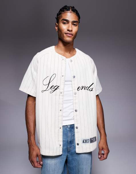 Liquor N Poker denim button through jersey with gothic script emblem logo in white stripe - view 1