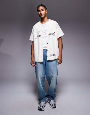 Liquor N Poker Denim Button Through Jersey With Gothic Script Emblem Logo In White