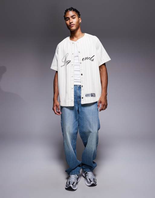 Liquor N Poker denim button through jersey with gothic script emblem logo in white stripe, 2 of 5