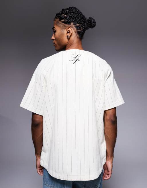 Liquor N Poker denim button through jersey with gothic script emblem logo in white stripe, 3 of 5