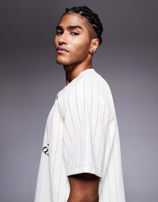 Liquor N Poker denim button through jersey with gothic script emblem logo in white stripe, 4 of 5
