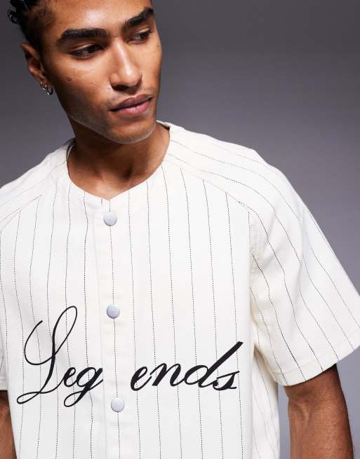 Liquor N Poker denim button through jersey with gothic script emblem logo in white stripe, 5 of 5