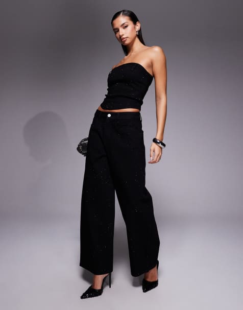 Liquor N Poker - Denim co-ord set met korsettop met versiering en jeans in zwart - view 1