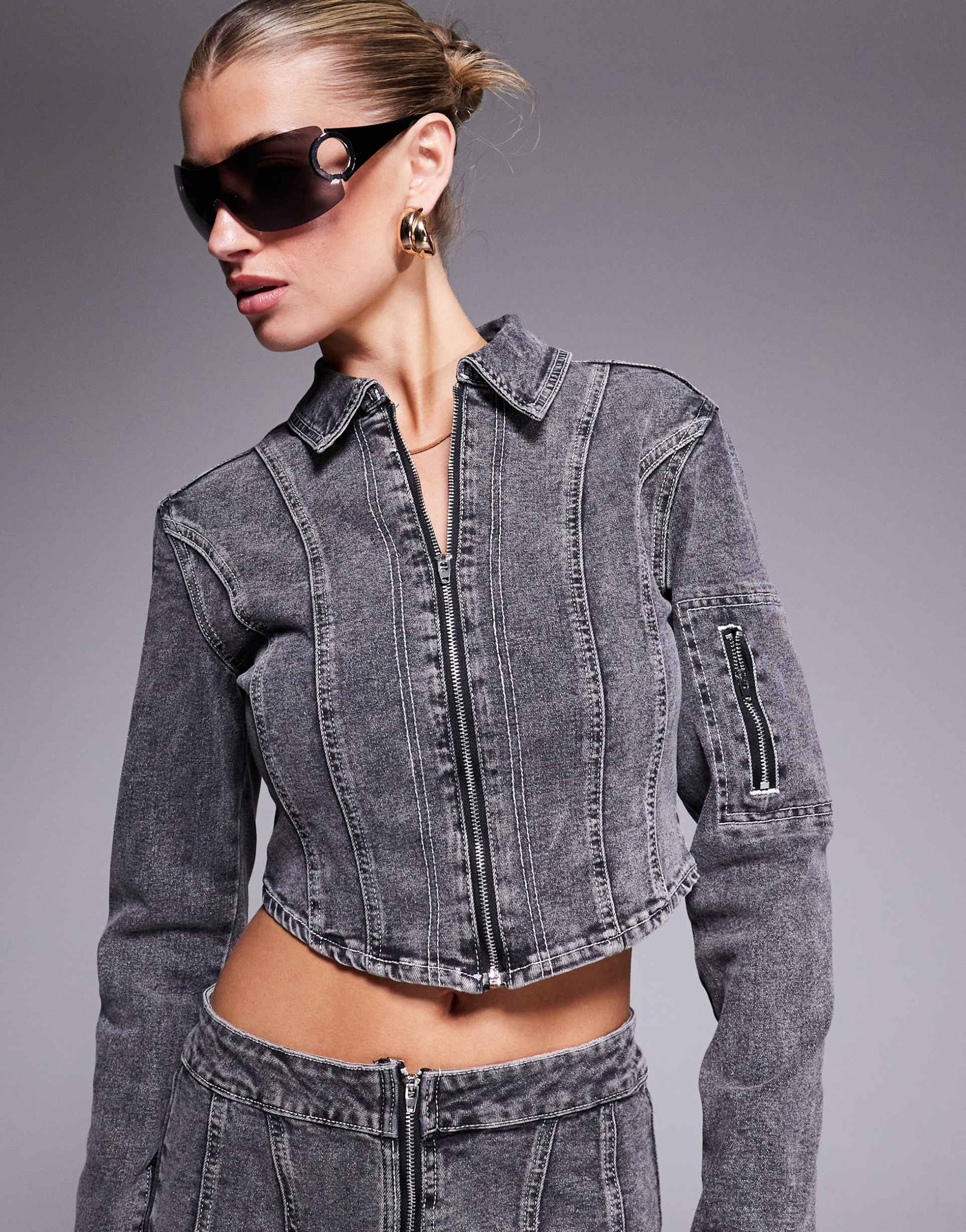 liquor n poker denim contrast stitch jacket in dark denim