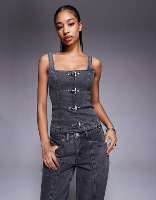 Liquor N Poker Liquor N Poker denim corset co-ord with buckle detail in washed black
